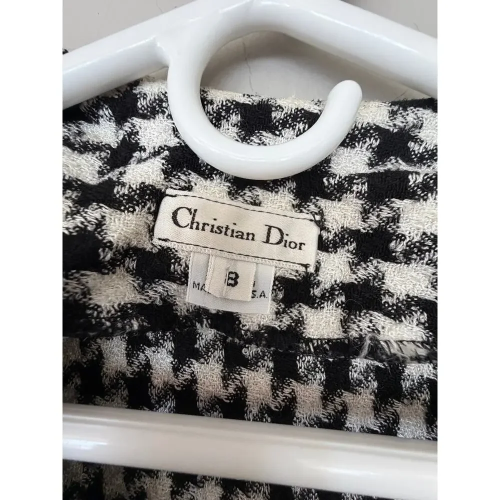 Vintage Christian Dior Houndstooth Open Front Blazer Jacket Black White Made USA